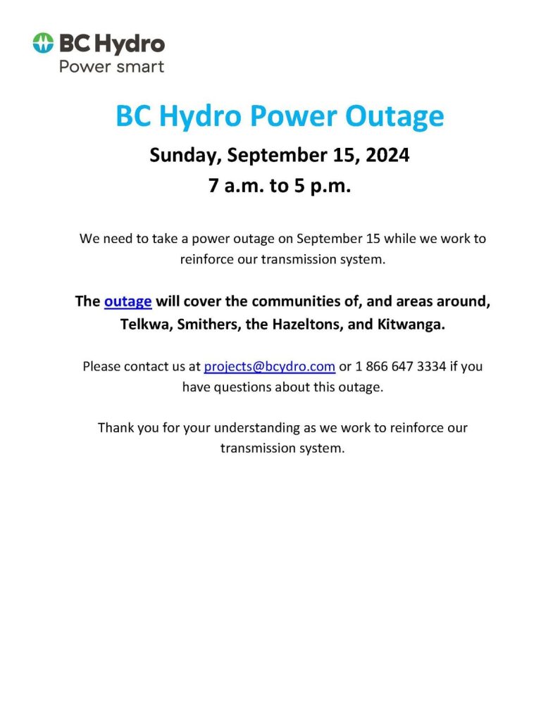 BC Hydro power outage notice for September 15, 2024