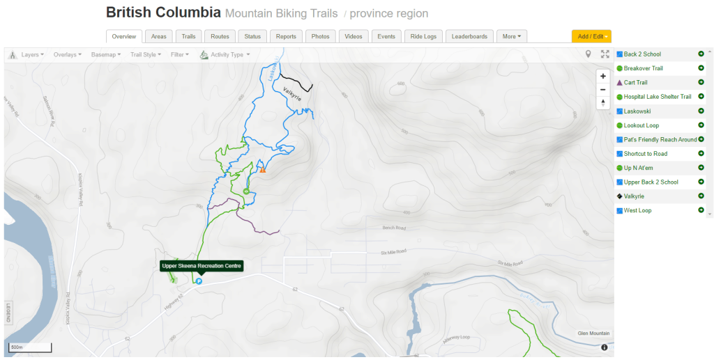 Map of the mountain bike trails behind the Upper Skeena Recreation Centre