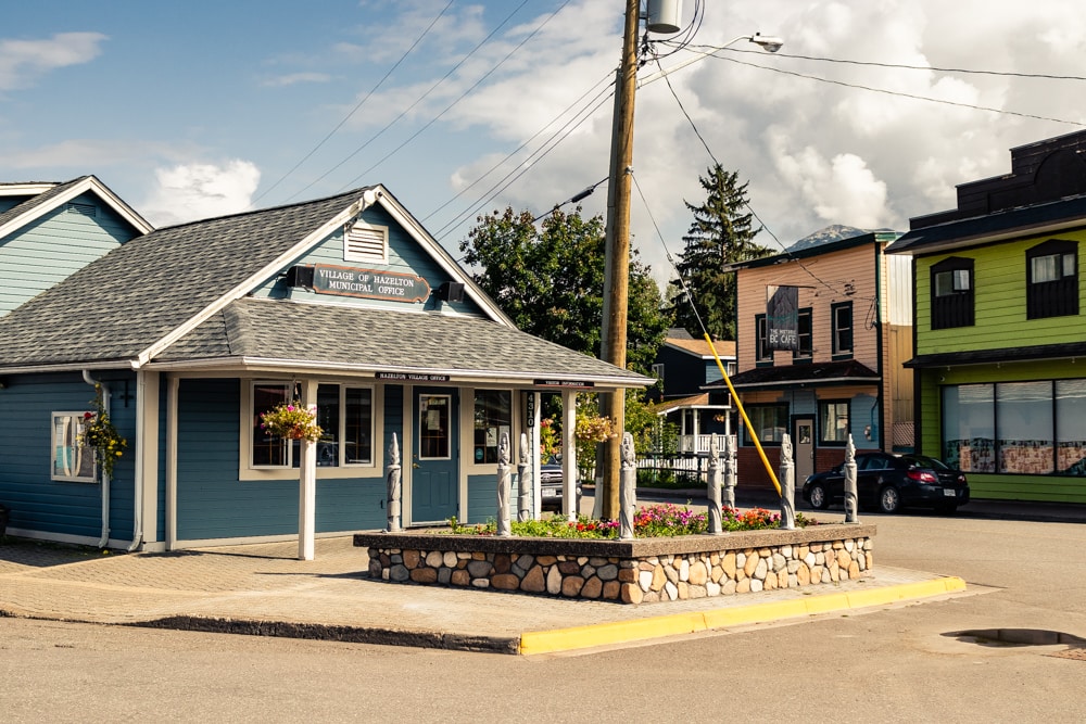 A blue heritage building on a Hazelton street corner