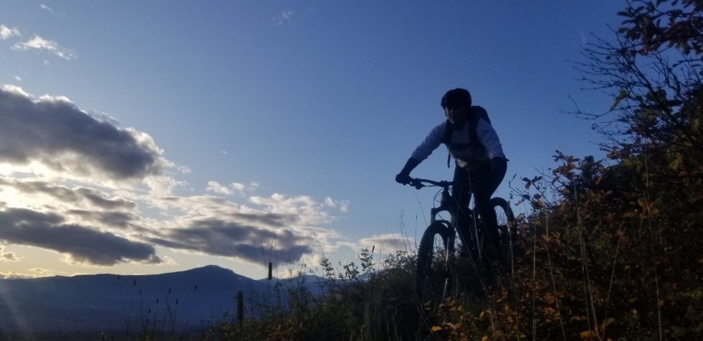 Mountain biker on a trail at dusk