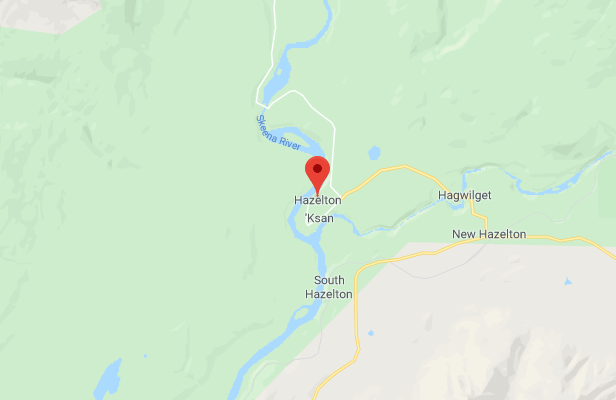 Map showing Hazelton beside ’Ksan, with Hagwilget, New Hazelton and South Hazelton nearby